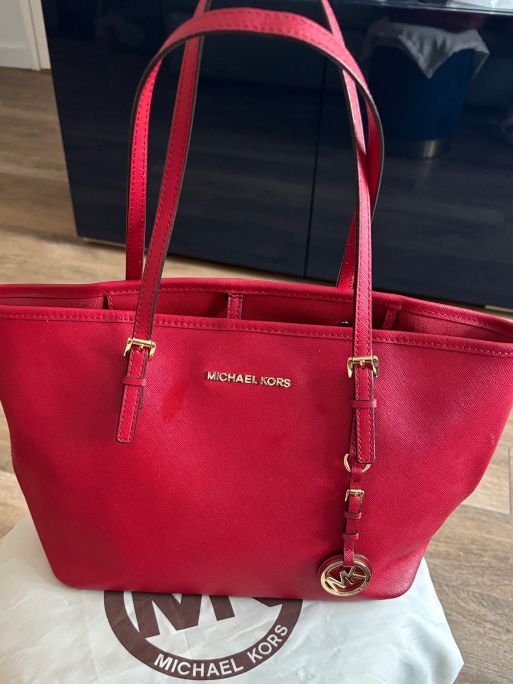 Michael Kors Red Saffiano Tote with Gold Logo Charm